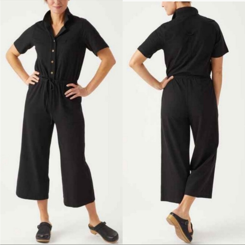 New Duluth Trading Al Fresco Short Sleeve Wide Leg Crop Button Up Knit Jumpsuit